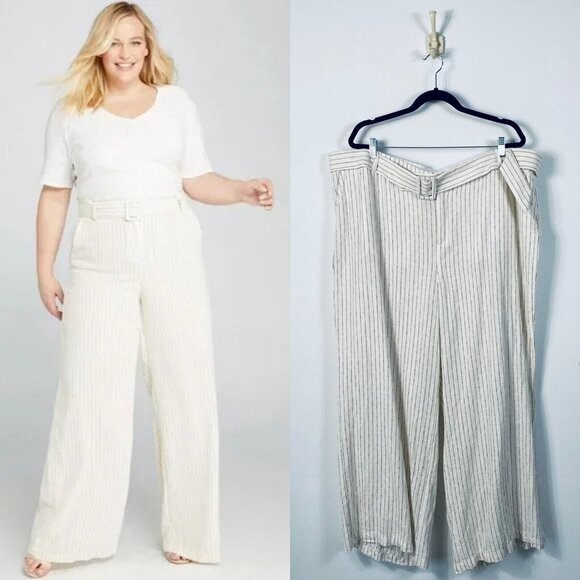 Lane Bryant Linen Blend Wide-Leg Cream & Brown Pinstripe Belted Pants Size 24 - Picture 1 of 11